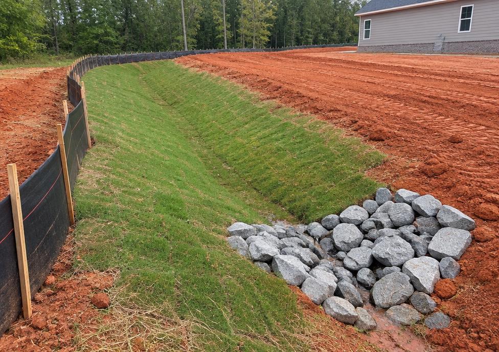 Grassed drainage swale with riprap outlet and silt fence