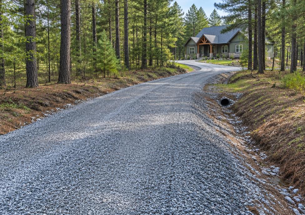 New crowned gravel driveway with culvert through pine woods