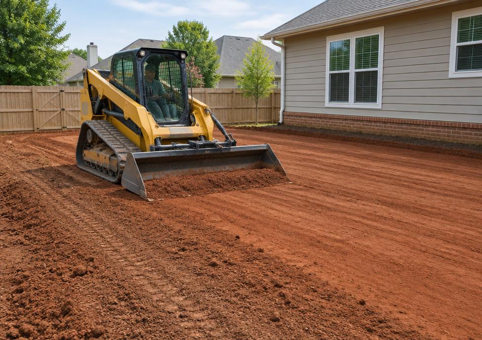 Track loader grading a backyard beside a house