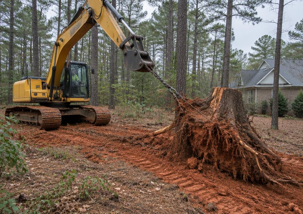 Excavator pulling a stump during land clearing