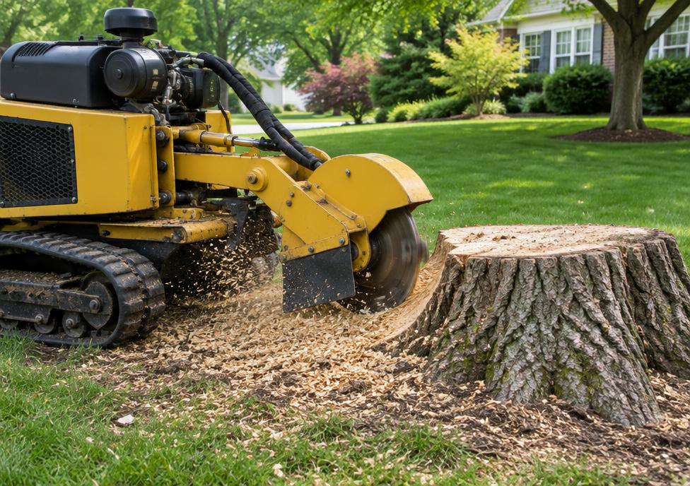 Stump grinder working on an oak stump in a lawn